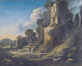 Landscape painting in italics with buildings and a shepherd playing the flute - Bartholomeus Breenbergh — artwork view