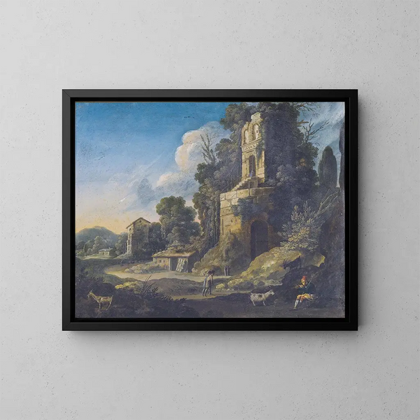 Landscape painting in italics with buildings and a shepherd playing the flute - Bartholomeus Breenbergh — framed artwork on a wall