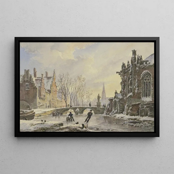 Skaters on a canal in Amsterdam - Bartholomeus Johannes van Hove — framed artwork on a wall