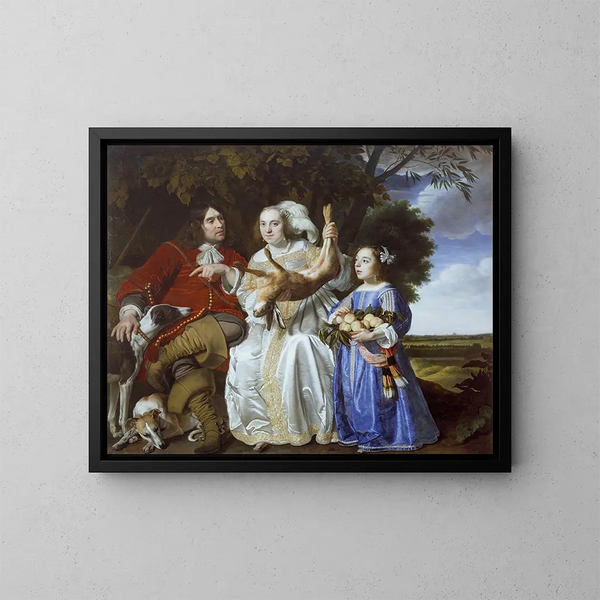 Jochem van Aras with his wife and daughter - Bartholomeus van der Helst — framed artwork on a wall