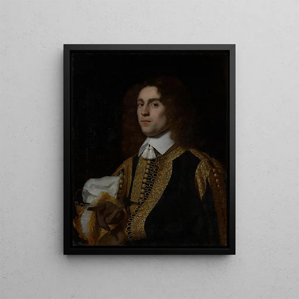 Portrait of a young man in military uniform - Bartholomeus van der Helst — framed artwork on a wall