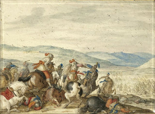 Escarmouche de cavalerie dans un paysage montagneux - Bartholomäus Dietterlin — artwork view