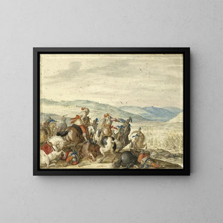 Escarmouche de cavalerie dans un paysage montagneux - Bartholomäus Dietterlin — framed artwork on a wall