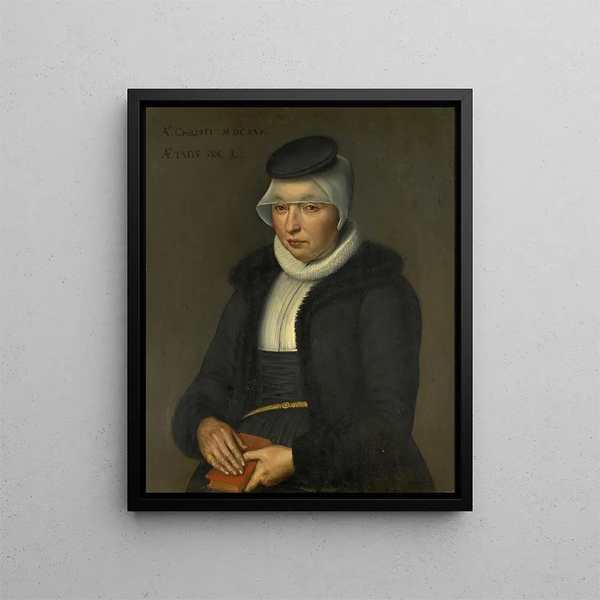 Portrait painting of Dorothea Wasserhuhn, wife of Peter Ryff - Bartholomäus Sarburgh — framed artwork on a wall