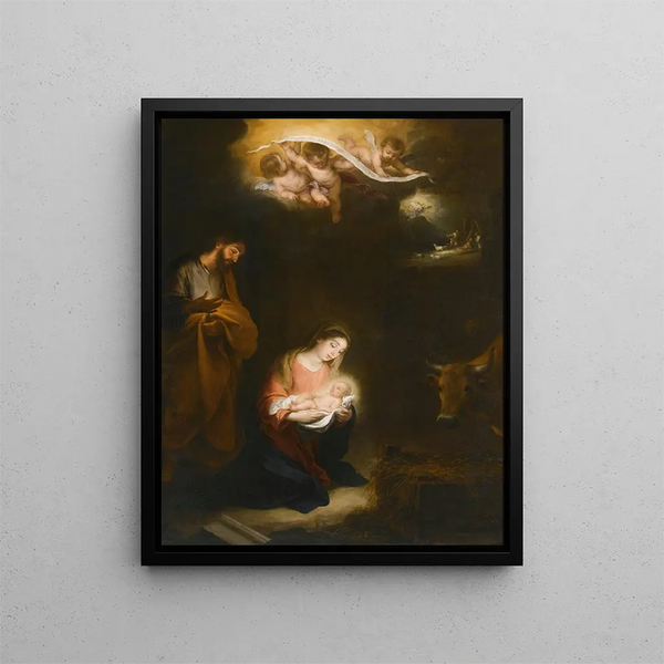 a nocturnal scene with the Nativity and the Annunciation to the shepherds from the beyond - Bartolomé Esteban Murillo — framed artwork on a wall