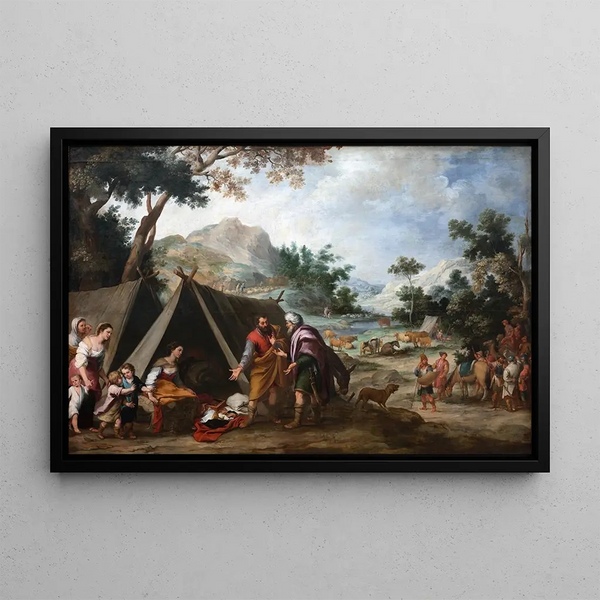 Laban cherchant ses dieux domestiques volés - Bartolomé Esteban Murillo — framed artwork on a wall