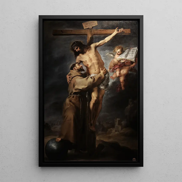 Saint Francis of Assisi embracing the crucified Christ - Bartolomé Esteban Murillo — framed artwork on a wall