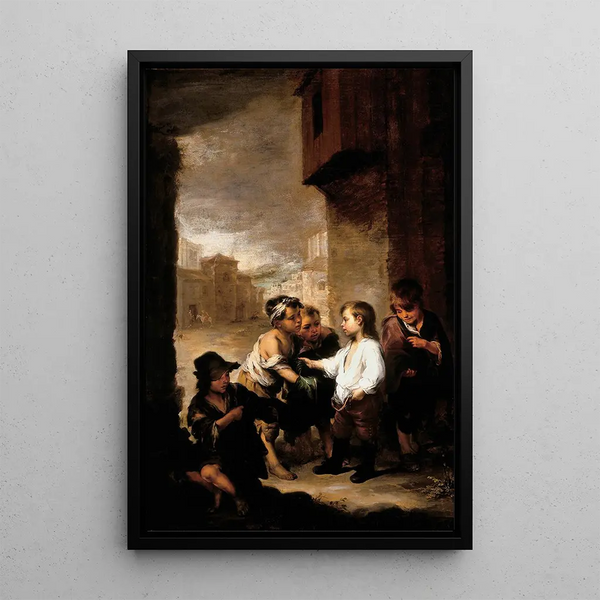 Saint Thomas de Villanueva sharing his clothes with begging children - Bartolomé Esteban Murillo — framed artwork on a wall