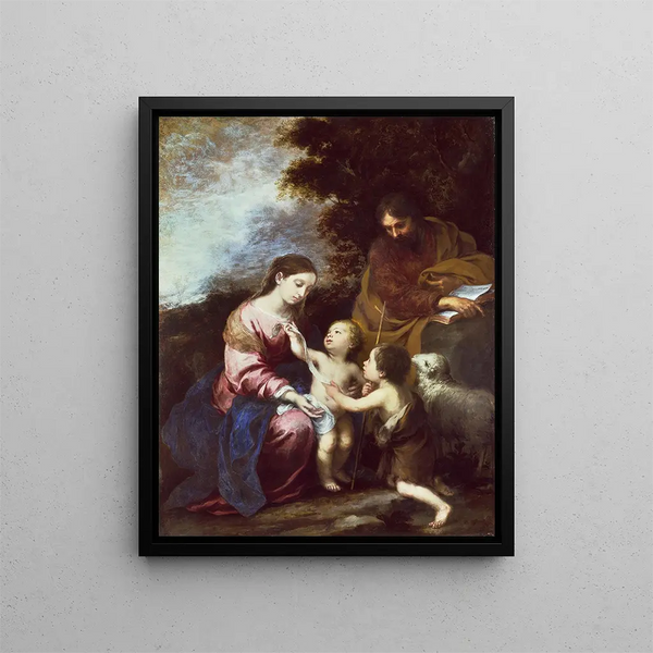 La Sainte Famille avec l'enfant Baptiste - Bartolomé Esteban Murillo — framed artwork on a wall