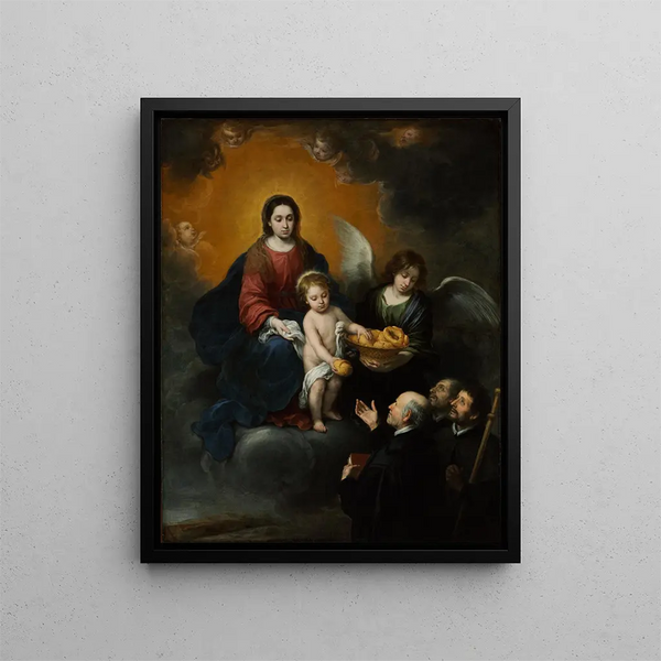 L'Enfant Jésus distributing bread to pilgrims - Bartolomé Esteban Murillo — framed artwork on a wall