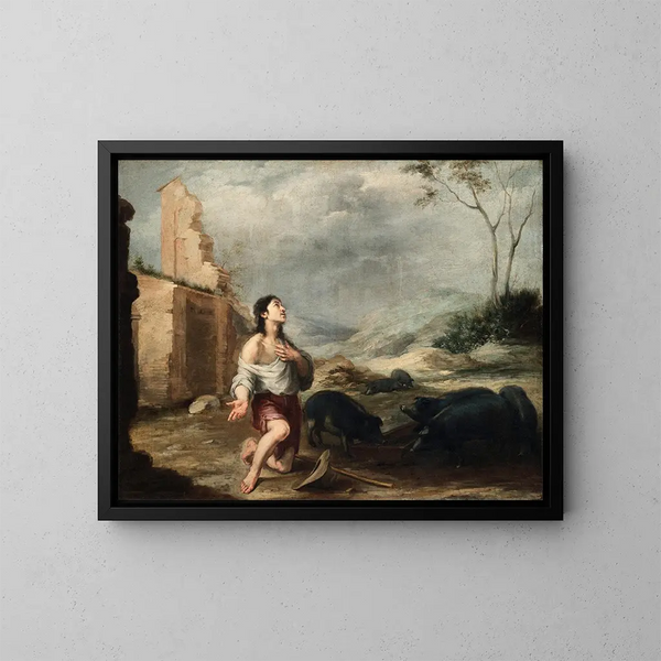 The Prodigal Son Feeding Pigs - Bartolomé Esteban Murillo — framed artwork on a wall