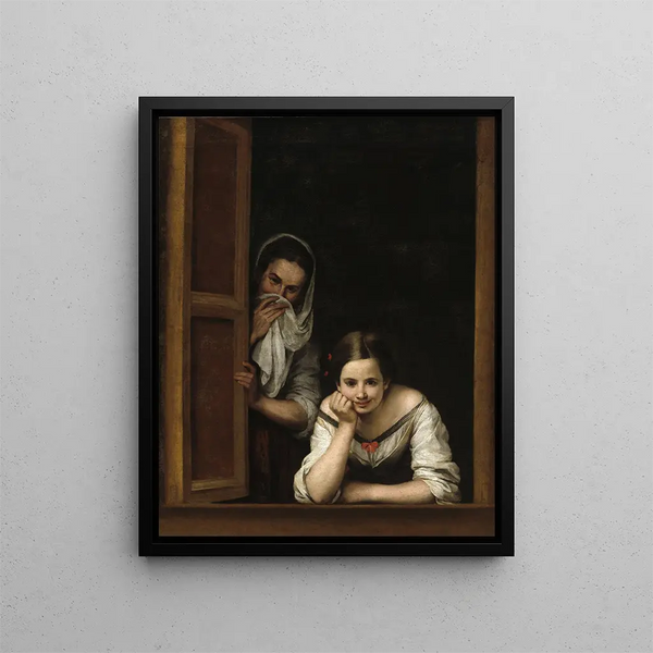 Two women at a window - Bartolomé Esteban Murillo — framed artwork on a wall