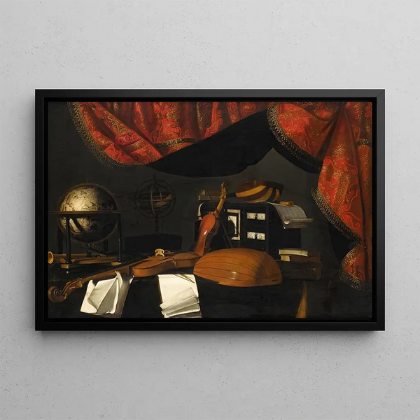 Still life with musical instruments and globe on a table, curtain behind - Bartolomeo Bettera — framed artwork on a wall