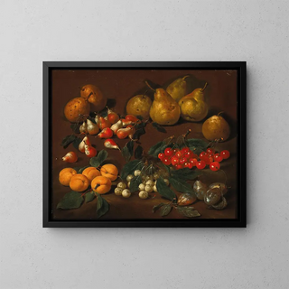 Pears, apricots, cherries and plums - Bartolomeo Bimbi — framed artwork on a wall
