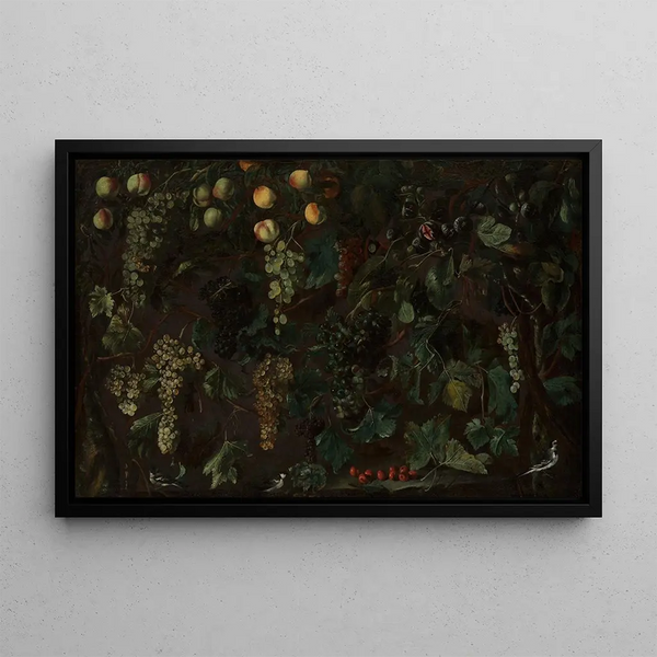 Vignes et fruits avec trois bergeronnettes - Bartolomeo Cavarozzi — framed artwork on a wall