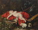 Cupid sleeping painting next to hunting objects with two guinea pigs in the foreground - Bartolomeo Guidobono — artwork view
