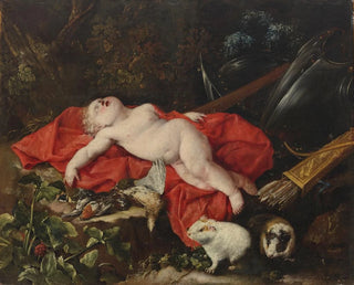 Cupid sleeping painting next to hunting objects with two guinea pigs in the foreground - Bartolomeo Guidobono — artwork view