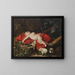 Cupid sleeping painting next to hunting objects with two guinea pigs in the foreground - Bartolomeo Guidobono — framed artwork on a wall