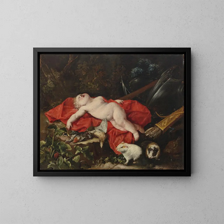 Cupid sleeping painting next to hunting objects with two guinea pigs in the foreground - Bartolomeo Guidobono — framed artwork on a wall