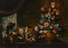 a silver dish with poultry and a terracotta vase with various flowers on a table with a parrot and a curtain, a landscape beyond - Bartolomeo Ligozzi — artwork view