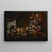 a silver dish with poultry and a terracotta vase with various flowers on a table with a parrot and a curtain, a landscape beyond - Bartolomeo Ligozzi — framed artwork on a wall