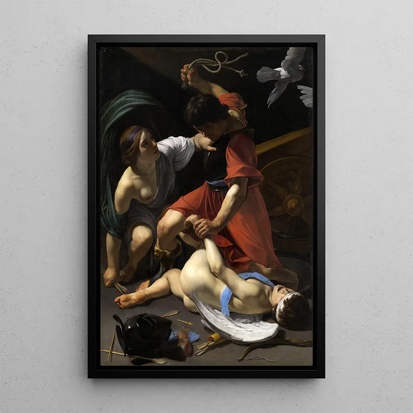 Cupid Chastised - Bartolomeo Manfredi — framed artwork on a wall
