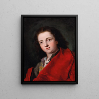 Portrait of a gentleman in bust, dressed in a gray doublet and a red coat - Bartolomeo Nazari — framed artwork on a wall