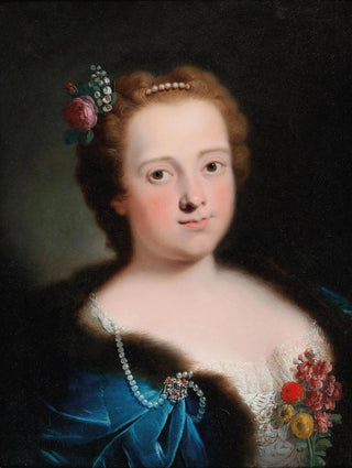 Portrait of a woman in bust wearing a white embroidered dress and a cape lined with blue fur - Bartolomeo Nazari — artwork view