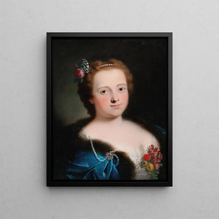 Portrait of a woman in bust wearing a white embroidered dress and a cape lined with blue fur - Bartolomeo Nazari — framed artwork on a wall