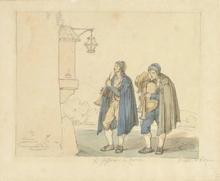 Player of the flute and bagpipe player in front of a house - Bartolomeo Pinelli — artwork view