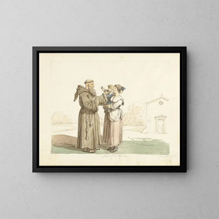 Young woman with child in front of a monk - Bartolomeo Pinelli — framed artwork on a wall