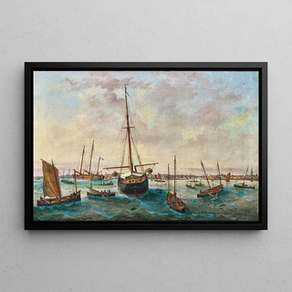 French Sailing Ships among Many Fishing Boats Off the French Coast - Basilio Ivankovic — framed artwork on a wall