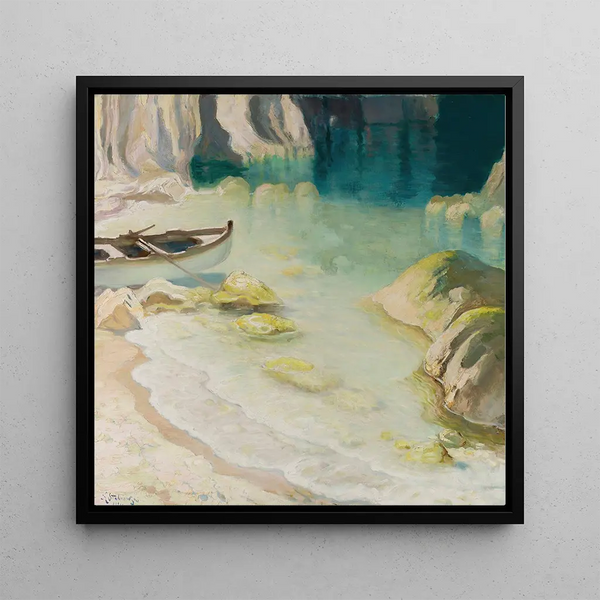 Boat at the Rocky Coast - Kazimierz Stabrowski — framed artwork on a wall