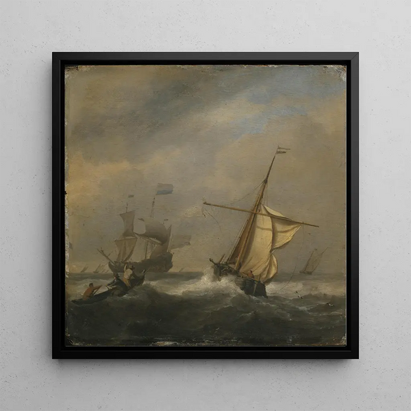 Fishing boats in a port - Willem van de Velde the Younger — framed artwork on a wall