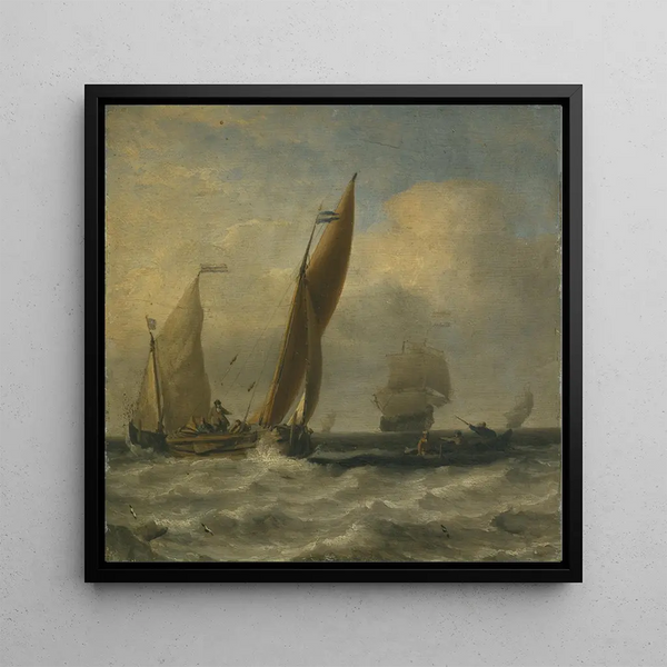 Marine fishing boats - Willem van de Velde the Younger — framed artwork on a wall