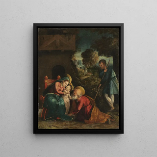 Sainte Famille avec un berger - Battista Dossi — framed artwork on a wall