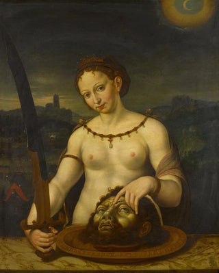 Judith with the Head of Holofernes, the Battle between the Assyrians and the Israelites at Bethulia - Bavarian School — artwork view