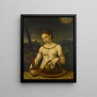 Judith with the Head of Holofernes, the Battle between the Assyrians and the Israelites at Bethulia - Bavarian School — framed artwork on a wall