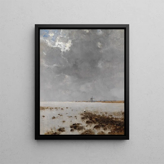 Marine landscape painting with mill - Béla Spányi — framed artwork on a wall