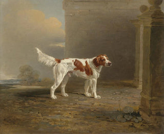 A white spaniel in a landscape near a door - Ben Marshall — artwork view