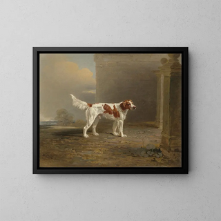 A white spaniel in a landscape near a door - Ben Marshall — framed artwork on a wall