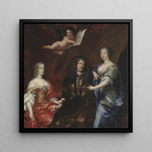 Bengt Horn af Minne 1623-1678 painting with his two wives Margaretha Sparre and Ingeborg Banr - David Klöcker Ehrenstrahl — framed artwork on a wall