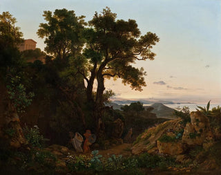 Italian landscape painting with Aeneas and the Sibyl of Cumae - Beniamino De Francesco — artwork view