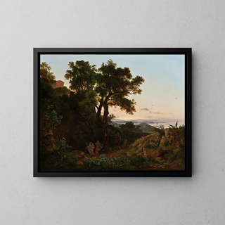 Italian landscape painting with Aeneas and the Sibyl of Cumae - Beniamino De Francesco — framed artwork on a wall