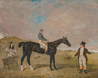 Bravura painting, a gray fer filly with James Robinson riding and her owner Sir Robert Keith Dick Bt, her trainer mounted on a gray pony on the left on Newmarket Heath - Benjamin Marshall — artwork view