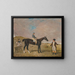 Bravura painting, a gray fer filly with James Robinson riding and her owner Sir Robert Keith Dick Bt, her trainer mounted on a gray pony on the left on Newmarket Heath - Benjamin Marshall — framed artwork on a wall