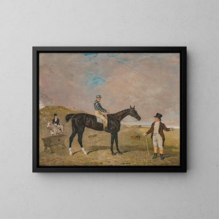 Bravura painting, a gray fer filly with James Robinson riding and her owner Sir Robert Keith Dick Bt, her trainer mounted on a gray pony on the left on Newmarket Heath - Benjamin Marshall — framed artwork on a wall
