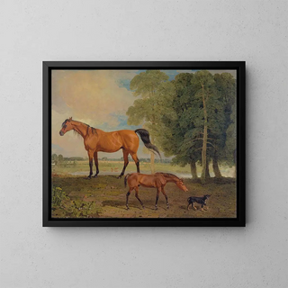Mare with Foal and a Terrier - Benjamin Marshall — framed artwork on a wall