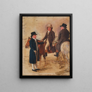 John Hilton, racecourse judge at Newmarket, John Fuller, racecourse director, and John Stevens - Benjamin Marshall — framed artwork on a wall