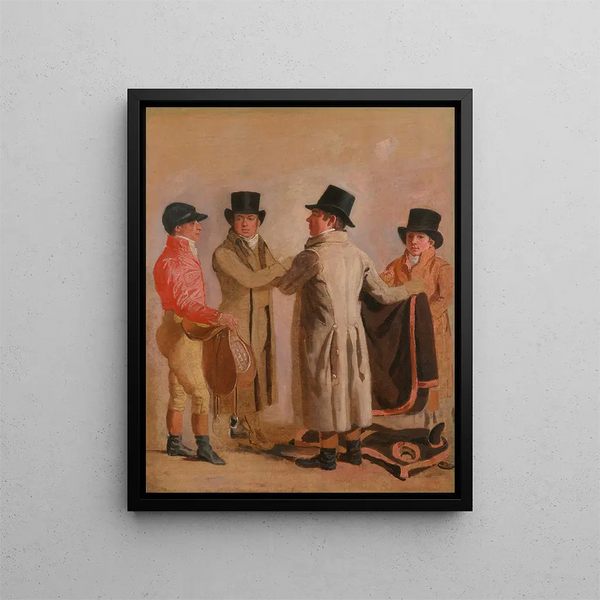 The jockey Frank Buckle, the owner, the breeder John Wastell, his trainer Robert Robson, and a groom - Benjamin Marshall — framed artwork on a wall